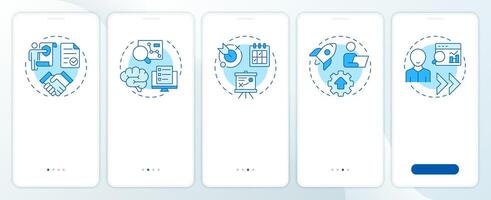 Consulting process blue onboarding mobile app screen. Business strategy. Walkthrough 5 steps editable graphic instructions with linear concepts. UI, UX, GUI vector