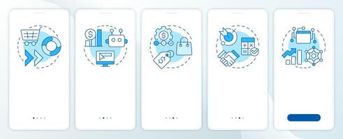 Quote management software blue onboarding mobile app screen. Walkthrough 5 steps editable graphic instructions with linear concepts. UI, UX, GUI vector