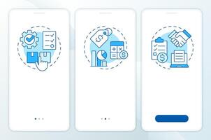 Sales process management blue onboarding mobile app screen. Walkthrough 3 steps editable graphic instructions with linear concepts. UI, UX, GUI vector
