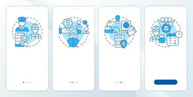 Maritime crew management blue onboarding mobile app screen. Ship staff. Walkthrough 4 steps editable graphic instructions with linear concepts. UI, UX, GUI vector