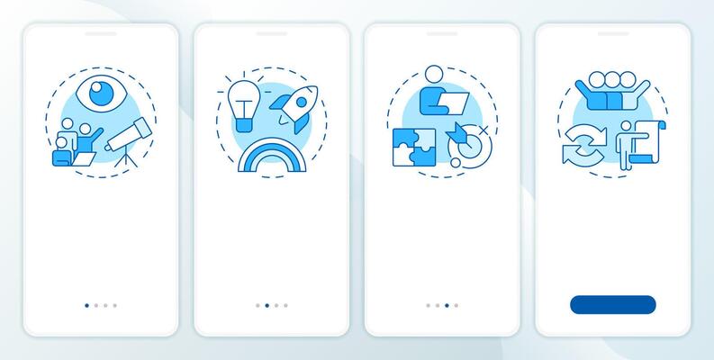 Business consulting blue onboarding mobile app screen. Work organization. Walkthrough 4 steps editable graphic instructions with linear concepts. UI, UX, GUI