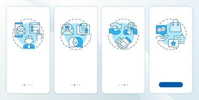 Quotation management steps blue onboarding mobile app screen. Walkthrough 4 steps editable graphic instructions with linear concepts. UI, UX, GUI vector
