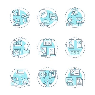 Consulting soft blue concept icons. Business strategy, planning. Marketing, workflow. Tax management. Icon pack. Round shape illustrations for infographic. Abstract idea