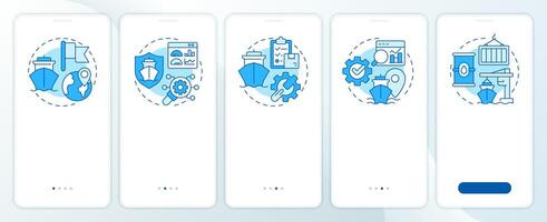Ship management system solutions blue onboarding mobile app screen. Walkthrough 5 steps editable graphic instructions with linear concepts. UI, UX, GUI vector