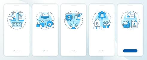 Consulting services blue onboarding mobile app screen. IT infrastructure. Walkthrough 5 steps editable graphic instructions with linear concepts. UI, UX, GUI vector