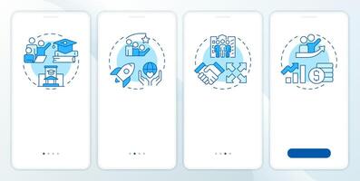 Startup incubators types blue onboarding mobile app screen. Walkthrough 4 steps editable graphic instructions with linear concepts. UI, UX, GUI vector