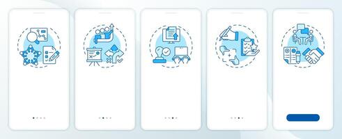 Startup incubator recruitment blue onboarding mobile app screen. Walkthrough 5 steps editable graphic instructions with linear concepts. UI, UX, GUI vector
