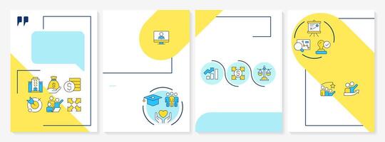 Business incubators advantages blue and yellow brochure layout. Teamwork organization, startup. Leaflet advertising design with color line icons. Editable 4 pages vector