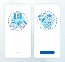 Startup growth organizations blue onboarding mobile app screen. Walkthrough 2 steps editable graphic instructions with linear concepts. UI, UX, GUI vector