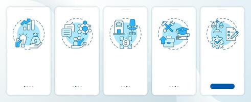 Business incubators advantages blue onboarding mobile app screen. Walkthrough 5 steps editable graphic instructions with linear concepts. UI, UX, GUI vector