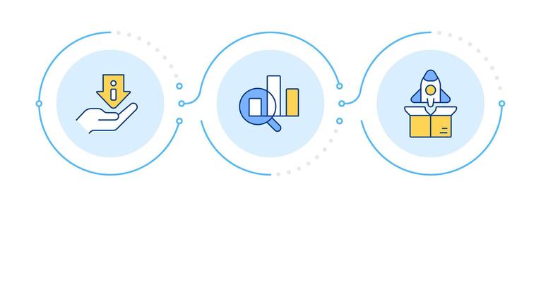 Workflow essential components infographic 3 steps. Statistical analysis, metrics. Flow chart infochart. Editable info graphics icons