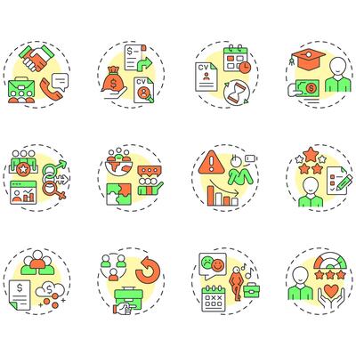 HR analytics multi color concept icons. Workforces data research. Corporate employees hiring. Business strategy. Icon pack. Round shape illustrations for booklet. Abstract idea