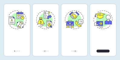 Hiring metrics onboarding mobile app screen. Employment analytics. Walkthrough 4 steps editable graphic instructions with linear concepts. UI, UX, GUI vector