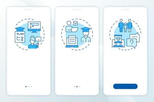 Educational access blue onboarding mobile app screen. Academic tools. Walkthrough 3 steps editable graphic instructions with linear concepts. UI, UX, GUI vector