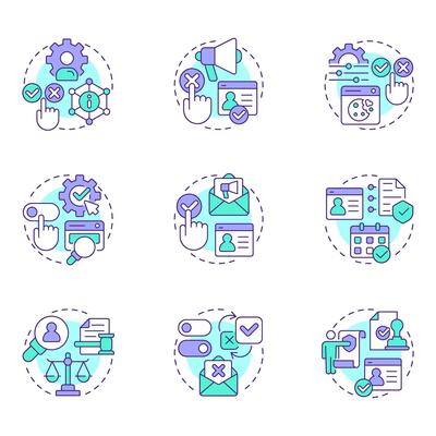 Consent management multi color concept icons. User agreement to process personal data. Web site cookies policy. Icon pack. Round shape illustrations for presentation. Abstract idea