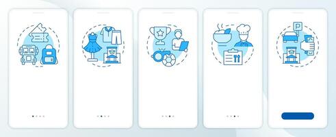 Student expenses blue onboarding mobile app screen. Field trips. Walkthrough 5 steps editable graphic instructions with linear concepts. UI, UX, GUI vector