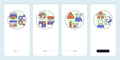 Workforce insights onboarding mobile app screen. HR analytics. Walkthrough 4 steps editable graphic instructions with linear concepts. UI, UX, GUI vector