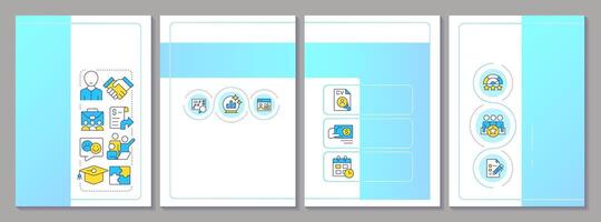 Workforce analytics blue brochure layout. HR management strategy. Employees data research. Leaflet advertising design with color line icons. Editable 4 pages vector