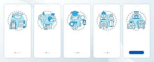Educational organizations blue onboarding mobile app screen. Walkthrough 5 steps editable graphic instructions with linear concepts. UI, UX, GUI vector
