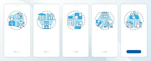 School services blue onboarding mobile app screen. Grade tracking. Walkthrough 5 steps editable graphic instructions with linear concepts. UI, UX, GUI vector