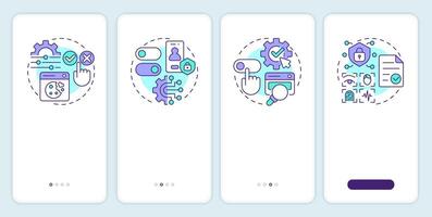 Examples of consent management onboarding mobile app screen. Walkthrough 4 steps editable graphic instructions with linear concepts. UI, UX, GUI vector