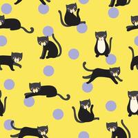 Black cat and dot pattern on yellow background. Seamless pattern background. vector