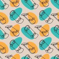 Colorful Skateboard Seamless Pattern Illustration. Vibrant and playful skateboard pattern featuring black line drawings of skateboards accented with orange and teal abstract shapes. vector