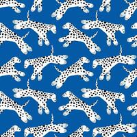 Playful Dalmatian Seamless Pattern on Blue Background. The repeated design showcases the unique spots and lively poses of the dogs, perfect for textiles and wallpaper. vector