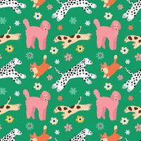 Playful Dog Seamless Pattern with Floral Elements . Dalmatians and poodles with bright floral elements on a green background. vector