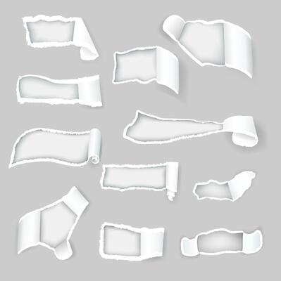 Torn paper rips with flap edges, paper rolled shreds