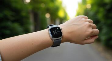 Smartwatch displays heart rate. Promoting active health, wearable tech for health photo