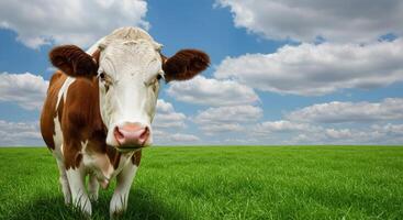Curious cow in green field, blue sky. A curious gaze from this curious farm animal photo