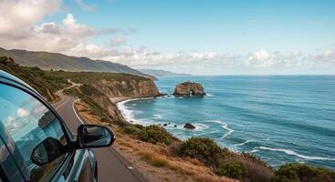 Coastal highway car travel offers scenic ocean views. Inspiring scenic route adventure photo