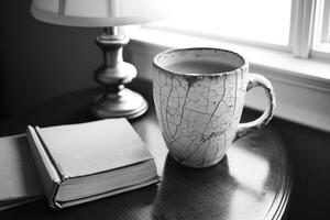Cracked ceramic mug filled with beverage beside an open book on a wooden table near a lamp photo