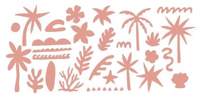 Groovy boho beach summer elements. Drawn palm tree and organic botany shapes. Abstract minimal sea and sun in trendy retro naive simple style. vector