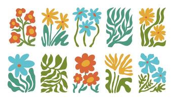 Set of groovy abstract botanical floral background in trendy naive retro hippie 60s 70s style. Vertical poster with abstract wavy flower vector