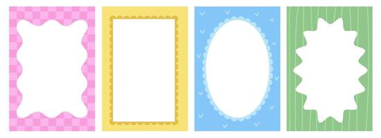 Geometric retro scallop frames set. Wavy groovy oval and rectangle in flat vintage style on striped background vector