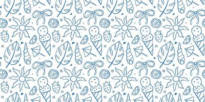 Pattern with outline summer elements. Seamless with doodle ice-cream, shell in trendy sketch style. Coquette ink vacation banner vector