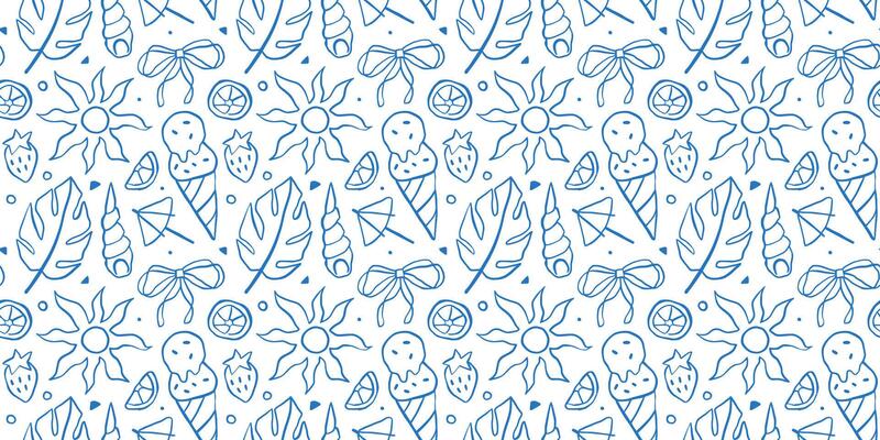 Pattern with outline summer elements. Seamless with doodle ice-cream, shell in trendy sketch style. Coquette ink vacation banner
