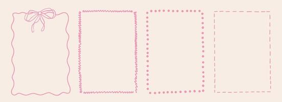 Set of outline scallop frame border in doodle style. Retro frame with wavy red border. Brush hand drawn rectangle with dots and line. vector