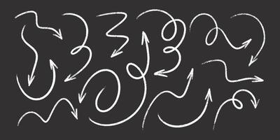 White chalk arrows on black chalkboard - artistic hand sketched doodle swirls, chaotic curved lines, pointers. vector