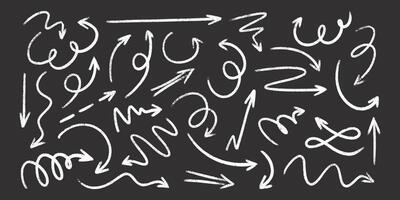 Chalk arrow doodles set on blackboard - hand drawn white swirls, curves, pointers. vector