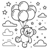 Cute Teddy Bear Floating with Balloons in the Sky Coloring Page vector