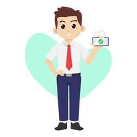 a businessman holds a phone in her hand shows a check mark or an approve sign symbol on the phone and smiles. vector