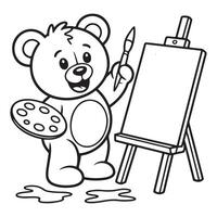 Cute Bear Painter with Palette and Easel Coloring Page for Kids vector