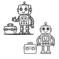 Friendly Robots and Toolboxes Coloring Page for Kids vector