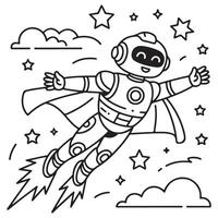 Flying Robot Superhero with Cape in Outer Space Coloring Page vector