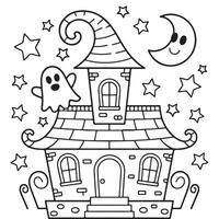 Spooky Haunted House with Friendly Ghost and Moon Coloring Page vector