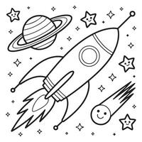 Fun Rocket Ship and Smiling Stars in Space Coloring Page vector