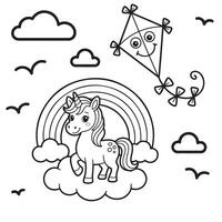 Unicorn and Kite Coloring Page for Kids Fun and Easy Drawing Activity vector